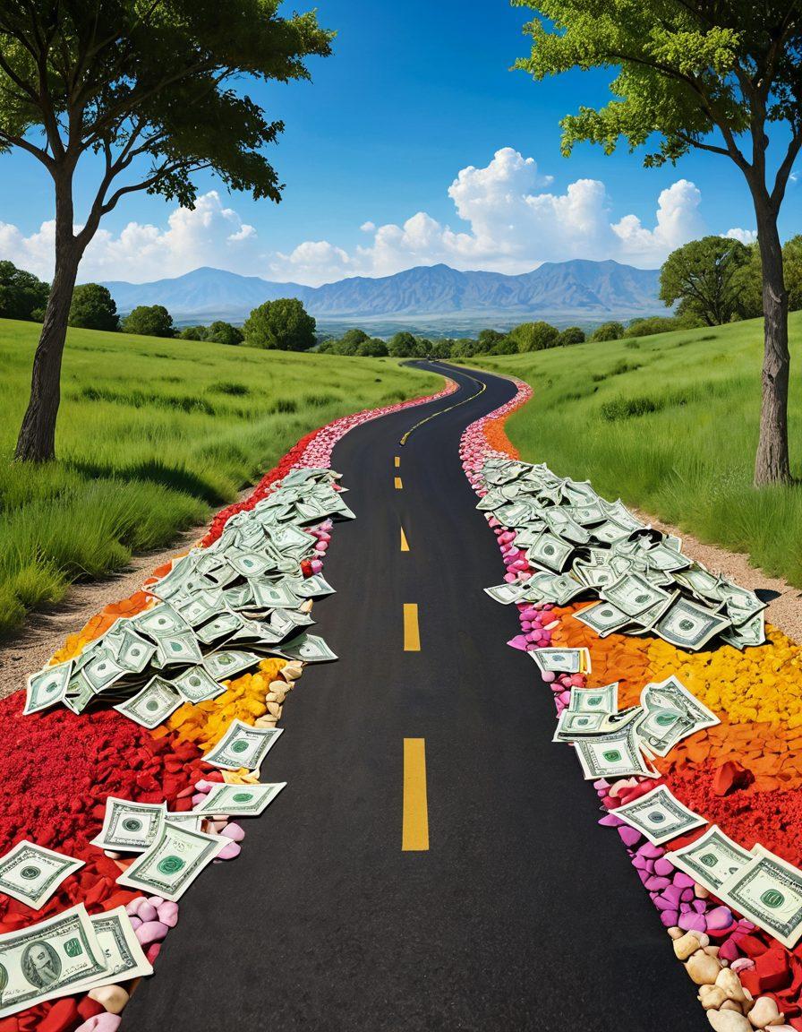 A vibrant road transitioning from a dark, crumbled path representing debt to a bright, flourishing landscape symbolizing wealth, with playful elements like floating dollar bills and books on financial literacy scattered along the route. Include joyful individuals celebrating milestones along this journey. super-realistic. vibrant colors. uplifting atmosphere.