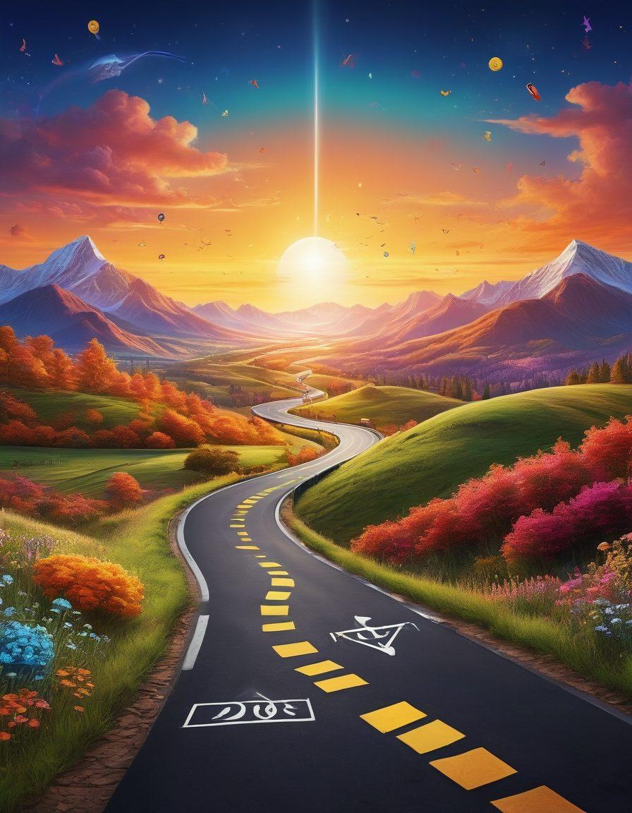 A serene landscape depicting a winding road symbolizing a journey, with people joyfully walking towards a bright horizon filled with financial symbols like dollar signs and coins. In the foreground, a large chalkboard showcasing various debt elimination strategies with colorful graphs and smiling characters celebrating their success. The atmosphere radiates positivity and hope. vibrant colors. super-realistic.